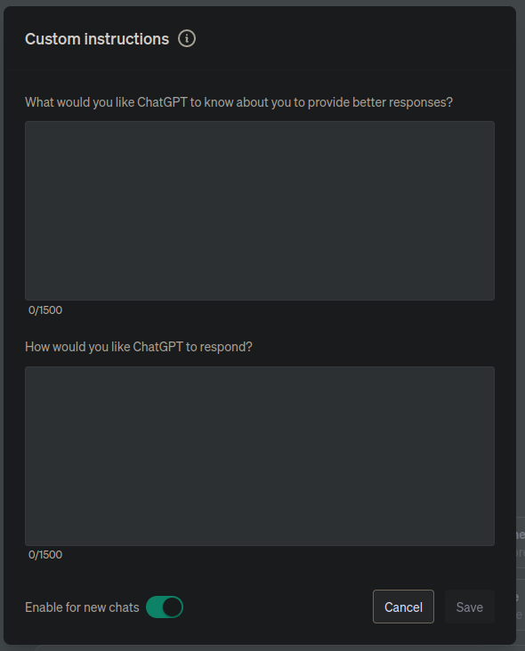 A screenshot of the ChatGPT Custom instructions options in a web browser